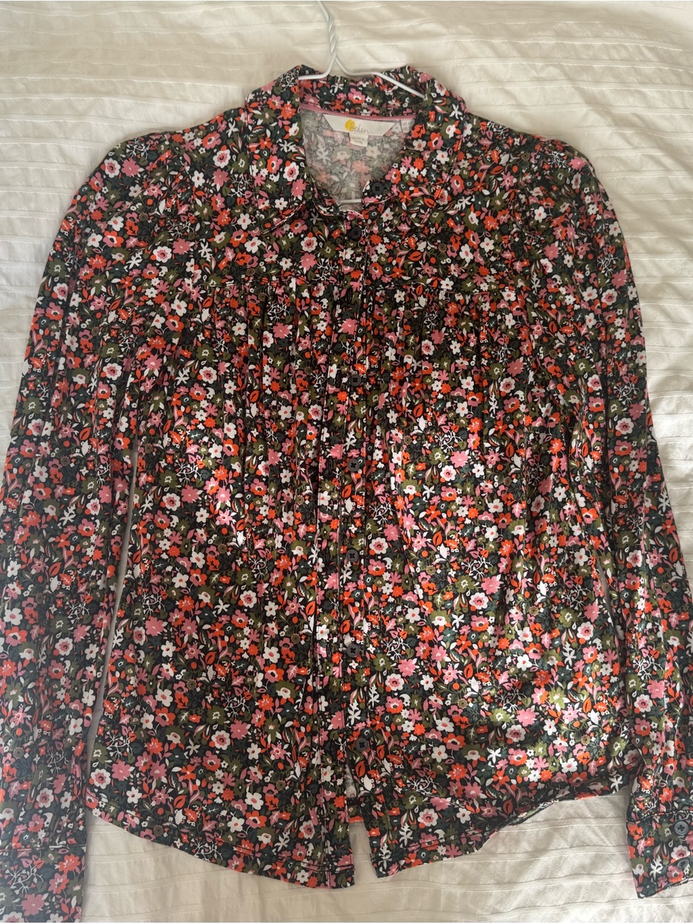 Boden Floral Button-Up Top in Black with Pink & Orange Blooms